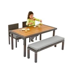 Excellerations® Outdoor Wicker Dining Set, 4-Piece Set With Table, Bench, And 2 Chairs (Preschool Height) -Children School Supplies S779305 3