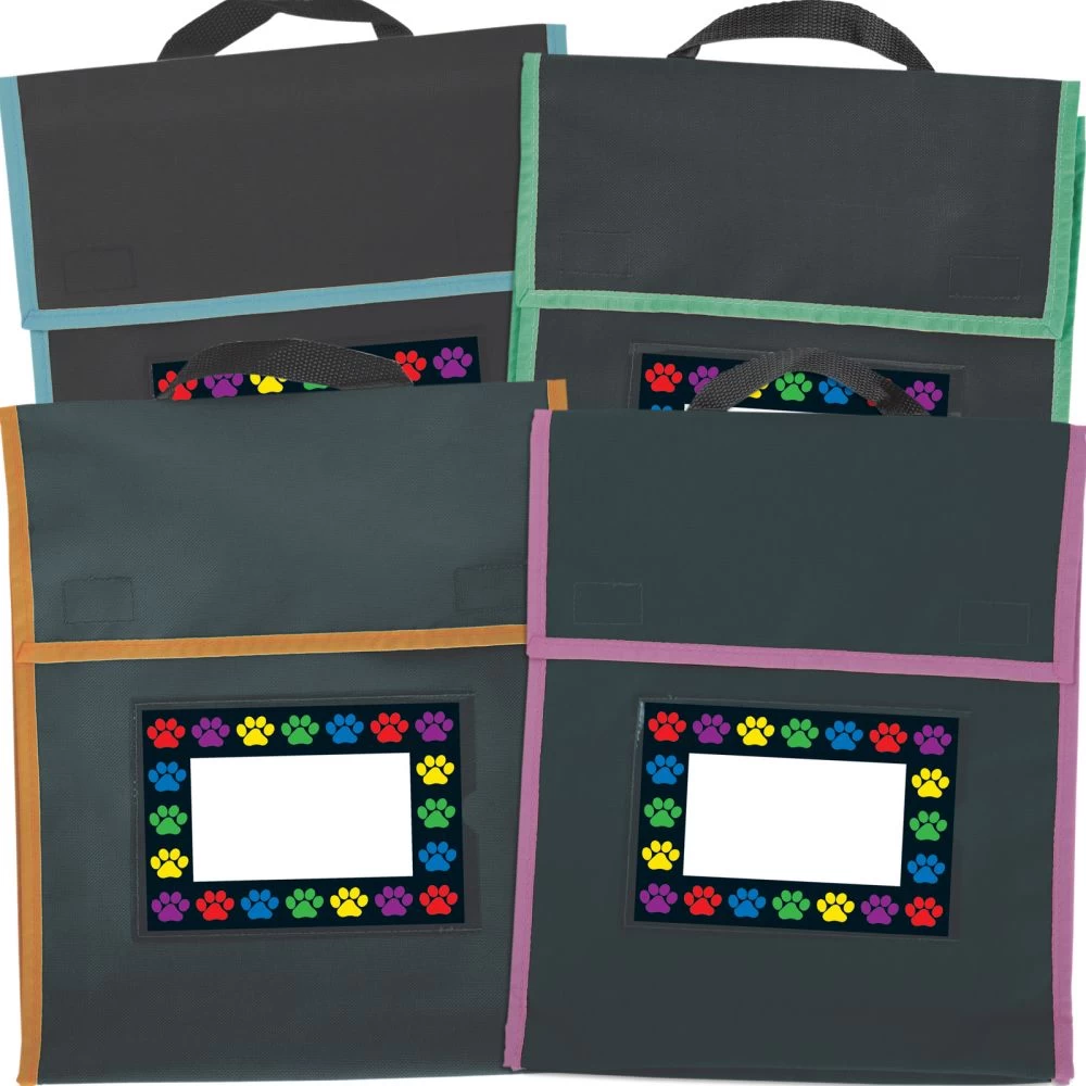 Paw Prints Book Pouches And Labels - Black With Neon Trim - Set Of 12 1 Paw Prints Book Pouches And Labels - Black With Neon Trim - Set Of 12
