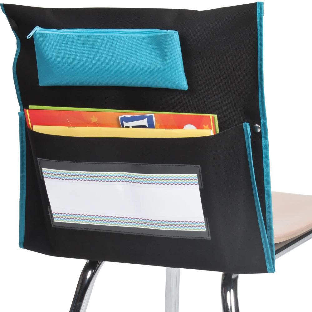 Deluxe Chair Pockets With Pencil Case - 6 Pack - Black/Turquoise 1 Deluxe Chair Pockets With Pencil Case - 6 Pack - Black/Turquoise