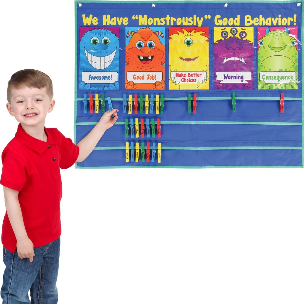 Really Good Stuff® We Have A "Monstrously" Good Behavior! Clip 'N' Track System - 1 Pocket Chart, 5 Cards, 36 Pins 1 Really Good Stuff® We Have A "Monstrously" Good Behavior! Clip 'N' Track System - 1 Pocket Chart, 5 Cards, 36 Pins